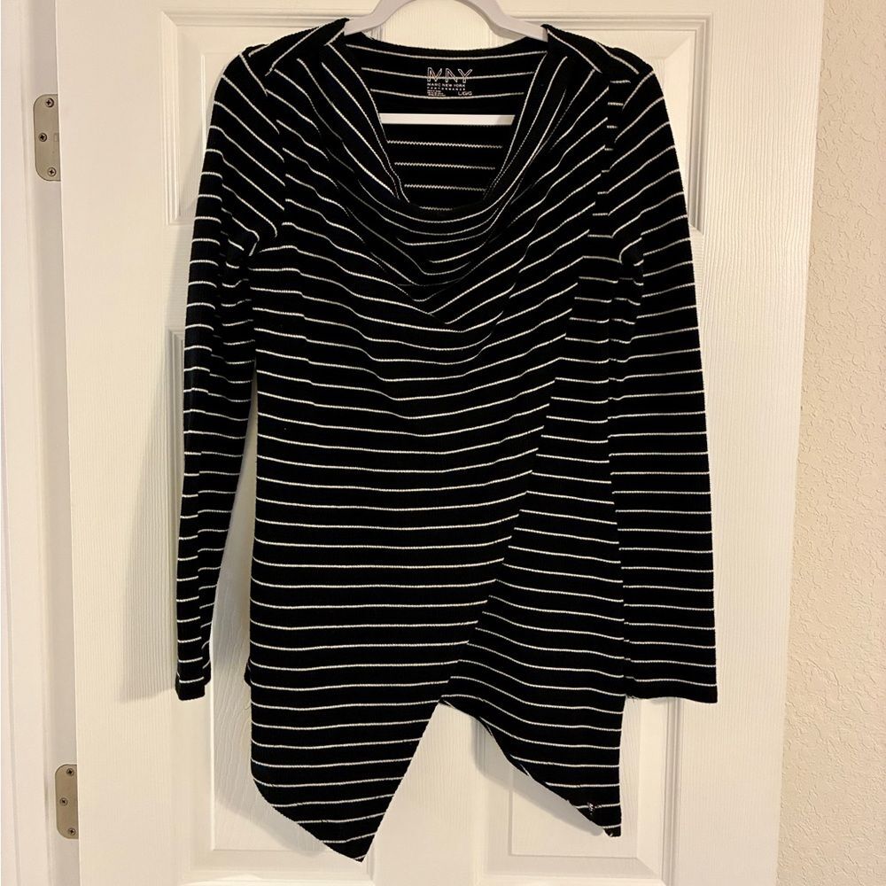 Marc New York Sweater Women's L Black White Stripe Cowl Neck Tunic